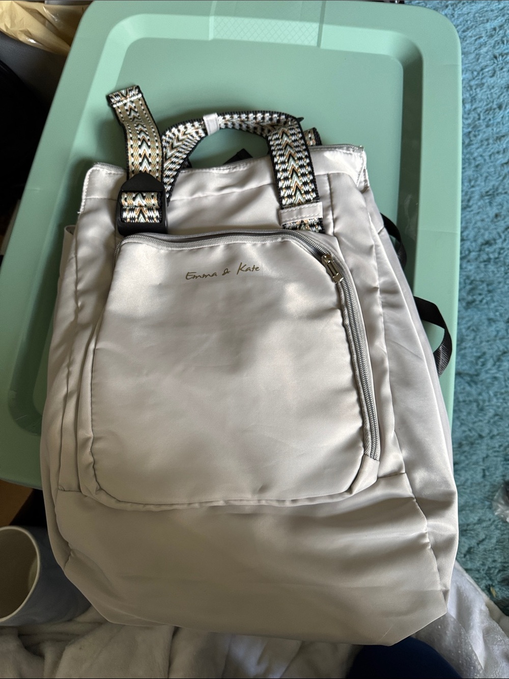 Emma & Kate Light Gray Women's Backpack Tote with Patterned Straps